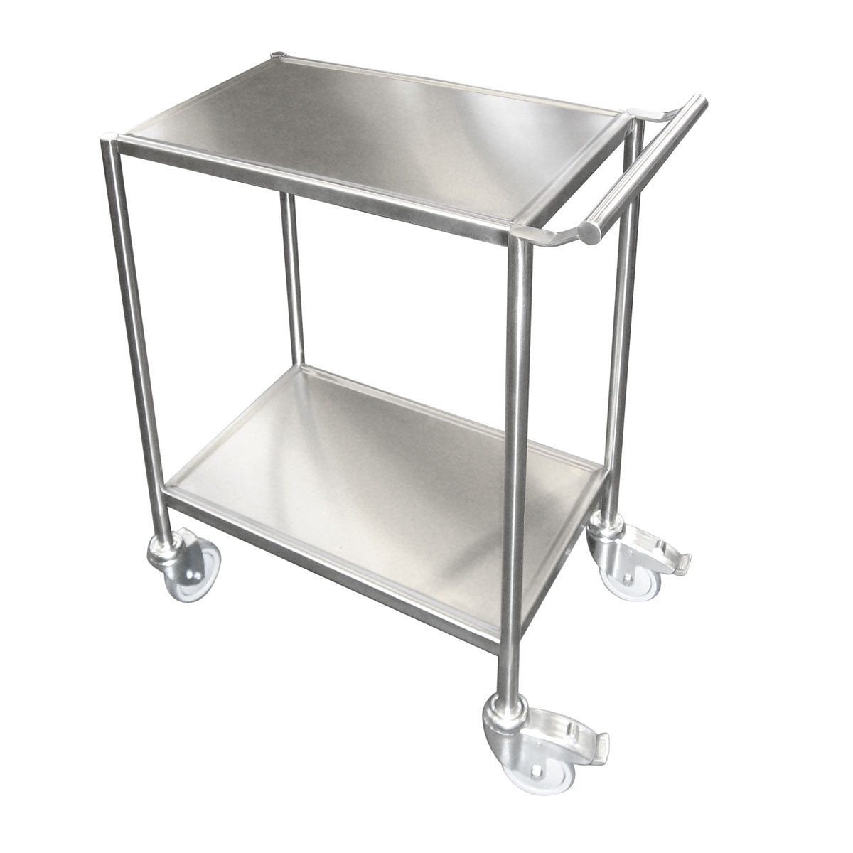 The trolley for DF20/25 by Duni GmbH made of silver stainless steel (900x650x670 mm) offers two stable shelves, four wheels, and a handle - ideal for transport in hospitals, kitchens, or as an industrial trolley.