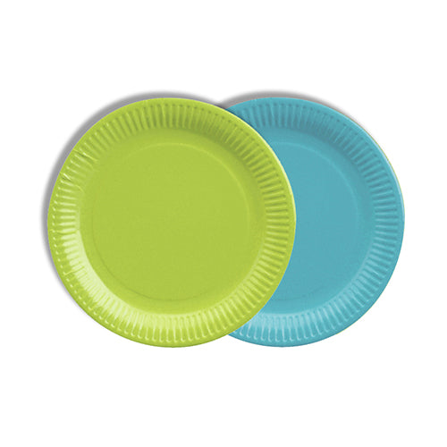 Two PAPSTAR 12 plates, cardboard round Ø 18 cm color assorted by PAPSTAR GmbH overlap – front lime green, back light blue, both with ribbed edges. These eco-friendly plates are ideal for environmentally conscious parties.