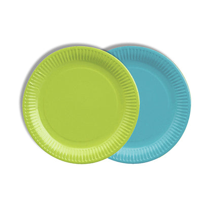 Two PAPSTAR 12 plates, cardboard round Ø 18 cm color assorted by PAPSTAR GmbH overlap – front lime green, back light blue, both with ribbed edges. These eco-friendly plates are ideal for environmentally conscious parties.