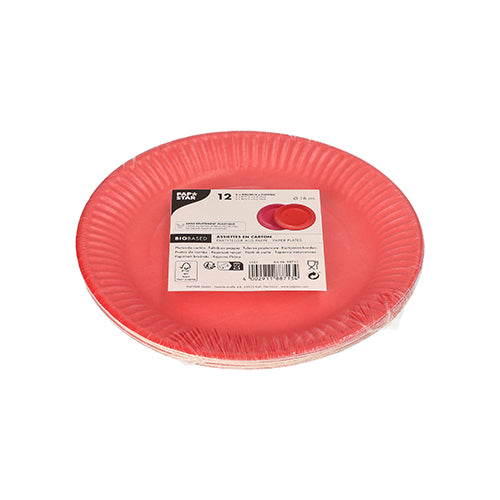Depicted is a pack of twelve PAPSTAR 12 plates, cardboard round Ø 18 cm color assorted from PAPSTAR GmbH, packaged in transparent plastic, with a white label in the middle displaying product information, symbols, and a barcode.