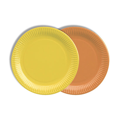Two PAPSTAR 12 plates, cardboard round Ø 18 cm color assorted by PAPSTAR GmbH – one yellow, one orange – lie on top of each other on a white base. Both have ribbed edges and are eco-friendly, ideal for sustainable gatherings.
