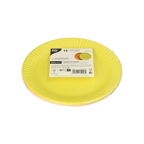 A pack of 12 round paper plates by PAPSTAR GmbH (Ø 18 cm, color assorted) with visible label and barcode on a white background. Eco-friendly and biodegradable.