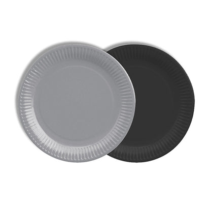Two round PAPSTAR 12 plates made of cardboard (Ø 18 cm, color assorted) by PAPSTAR GmbH with ribbed edges overlap in gray and black on a white background – stylish and eco-friendly at the same time.