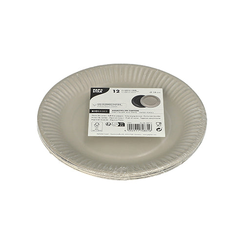 A stack of PAPSTAR 12 plates, cardboard round Ø 18 cm, color assorted by PAPSTAR GmbH, packaged in plastic, with a white label on top, displaying product information and barcode.