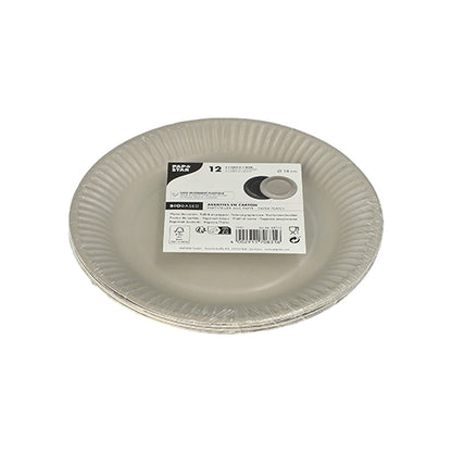 A stack of PAPSTAR 12 plates, cardboard round Ø 18 cm, color assorted by PAPSTAR GmbH, packaged in plastic, with a white label on top, displaying product information and barcode.
