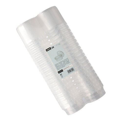The pack of Starpak 38 deli cups contains 38 transparent, round 180-ml PP cups (Ø 9.5 cm, H 4.5 cm) with originality lids, stacked and shrink-wrapped with a central white label with product details – ideal for serving deli products.