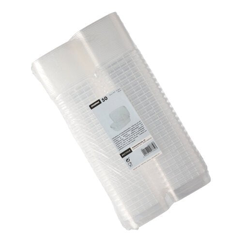 A stack of Starpak 50 delicatessen cups, PP transparent and rectangular with originality seal, is wrapped in plastic and carries a white label with product info, barcode, and safety seal.