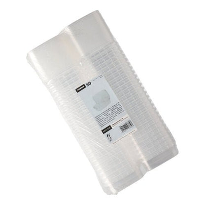 A stack of Starpak 50 delicatessen cups, PP transparent and rectangular with originality seal, is wrapped in plastic and carries a white label with product info, barcode, and safety seal.