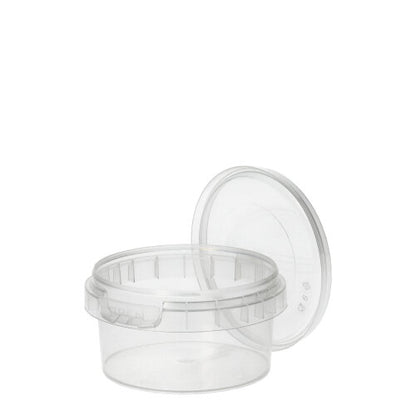 A Starpak 50 deli cup, round and made of transparent PP with original seal, is partially opened with its clear lid depicted against a plain white background.