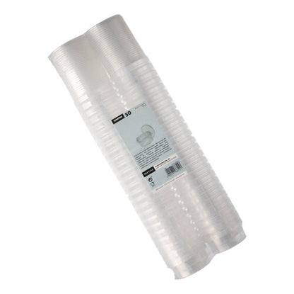 A stack of 50 transparent Starpak deli cups made of PP with original seal is delivered in plastic wrap with a white-gray label containing product information, barcode, and the Starpak brand.
