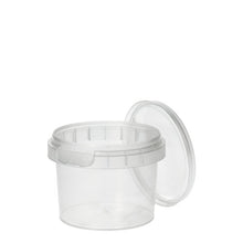A transparent, round Starpak 48 deli cup PP container (120 ml, Ø 6.9 cm × 5.1 cm) with a fitted lid and tamper-evident seal is depicted open against a plain white background.
