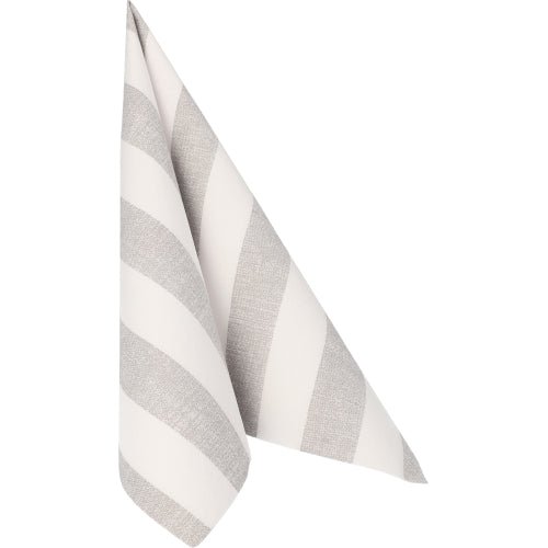 A grey-white striped fabric napkin hangs in front of a white background, similar to PAPSTAR GmbH 50 napkins "ROYAL Collection" 1/4-fold 40 x 40 cm grey.
