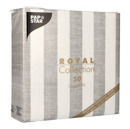 The PAPSTAR GmbH offers a 50-pack "ROYAL Collection" napkins (1/4-fold, 40x40 cm) in grey. The packaging features an elegant golden text on a grey and white vertical stripe design.