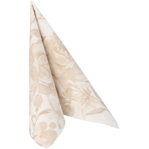 A sand-colored floral napkin from the ROYAL collection of PAPSTAR GmbH (50 napkins, 1/4-fold, 40 x 40 cm) is folded into a standing cone shape against a plain white background.