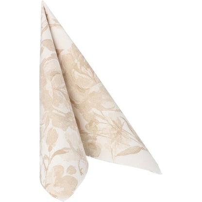 A sand-colored floral napkin from the ROYAL collection of PAPSTAR GmbH (50 napkins, 1/4-fold, 40 x 40 cm) is folded into a standing cone shape against a plain white background.