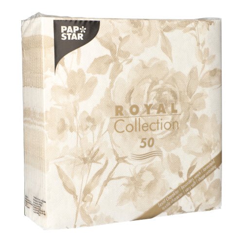 It is a 50-pack of PAPSTAR "ROYAL Collection" 1/4-fold napkins (40 x 40 cm) in sand, whose transparent packaging displays the beige napkins and the branding of PAPSTAR GmbH on the front.