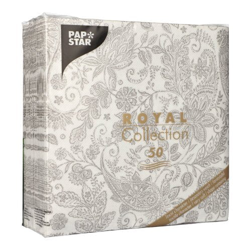 A 50-pack PAPSTAR napkins "ROYAL Collection" 40x40 cm, 1/4-fold in grey with elegant floral and paisley pattern, made from high-quality material, originally packaged by PAPSTAR GmbH.