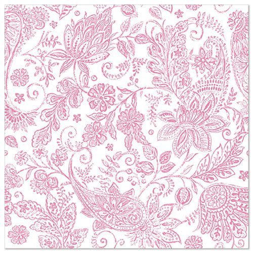 The ROYAL Collection 50 napkins (40 x 40 cm, fuchsia) from PAPSTAR GmbH feature a pink floral and paisley pattern with fuchsia accents on a white background - an elegant and detailed choice for any set table.