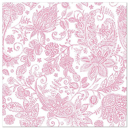 The ROYAL Collection 50 napkins (40 x 40 cm, fuchsia) from PAPSTAR GmbH feature a pink floral and paisley pattern with fuchsia accents on a white background - an elegant and detailed choice for any set table.