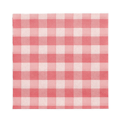 Ein PAPSTAR 100 Servietten, 1-lagig, 1/4-Falz (33 x 33 cm) der PAPSTAR GmbH mit rot-weißem Gingham-Muster, FSC-zertifiziert und umweltfreundlich, flachgelegt auf weißem Untergrund.