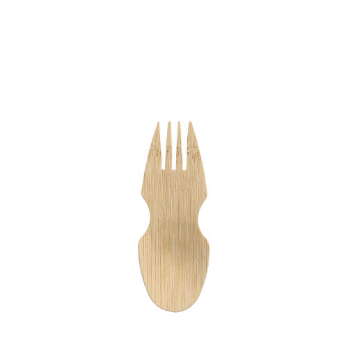 The PAPSTAR spork made of bamboo "pure" (8.5 cm), combines spoon and fork in one, ideal for finger food. Contains 50 pieces in a folding box - sustainable party accessories from PAPSTAR GmbH.