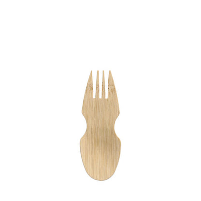 The PAPSTAR spork made of bamboo "pure" (8.5 cm), combines spoon and fork in one, ideal for finger food. Contains 50 pieces in a folding box - sustainable party accessories from PAPSTAR GmbH.