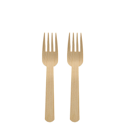 Two PAPSTAR bamboo forks "pure", 14 cm, lie side by side on a plain white background.