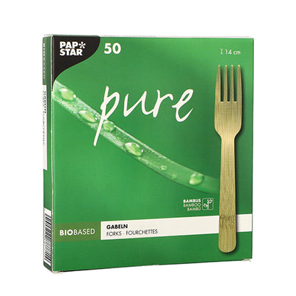 A green box PAPSTAR bamboo forks "pure", 14 cm, eco-friendly (50 pieces) from PAPSTAR GmbH, with the image of a bamboo fork and a leaf with water droplets.