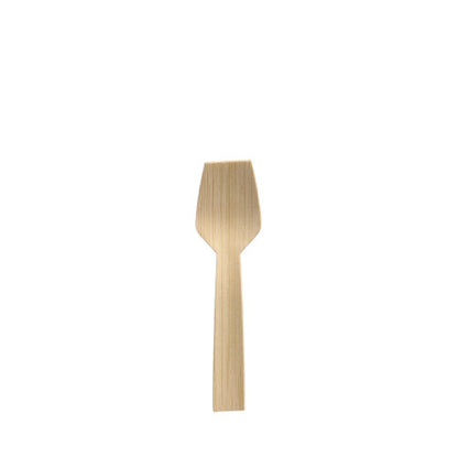 A single PAPSTAR bamboo ice cream spoon "pure", 9.2 cm, with a flat rectangular design stands vertically on a plain white background. This eco-friendly utensil from PAPSTAR GmbH is ideal for the sustainable kitchen.