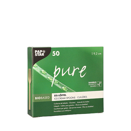 A green box from PAPSTAR GmbH with the inscription "pure" contains 50 eco-friendly, biodegradable bamboo ice cream spoons (9.2 cm) in multilingual packaging with a bamboo spoon image.