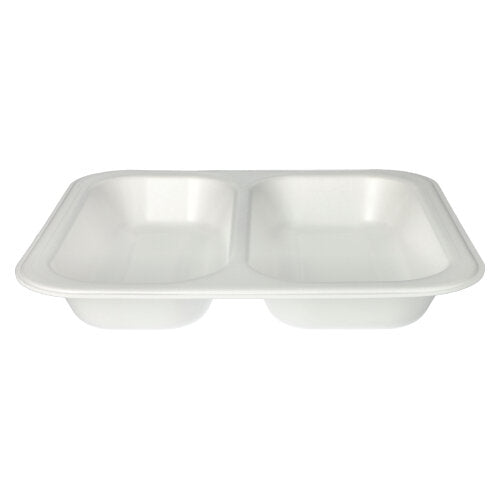 The Starpak 50 seal trays are white, laminated, rectangular disposable trays (XPS, 4.2 x 24.5 x 26.5 cm) with two compartments - ideal for catering for hygienic packaging and presentation of food.