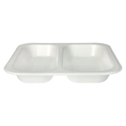 A white, rectangular Starpak 50 seal trays XPS tray (4.2 x 24.5 x 26.5 cm, white laminated) with two compartments, ideal for hygienic meal packaging, is depicted from a slightly elevated angle against a plain background.