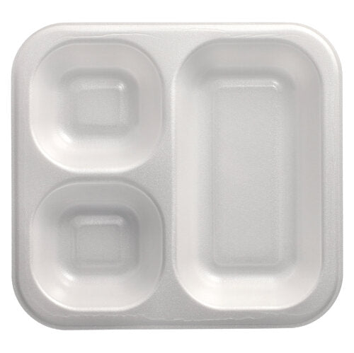 The Starpak 50 seal trays are white, laminated XPS trays (4.2 x 24.5 x 26.5 cm) with three compartments - two small squares on the left and one large rectangle on the right - shown empty from above, perfect for use in catering.