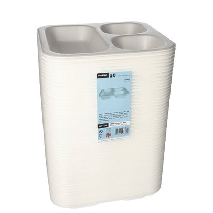 A stack of Starpak 50 seal trays - white, laminated XPS trays with three compartments (4.2 x 24.5 x 26.5 cm), wrapped in clear plastic and labeled with a blue tag - ideal for catering and food packaging.