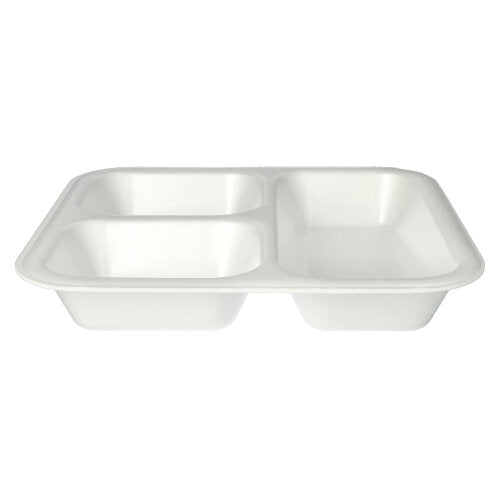 The Starpak 50 seal trays are white, laminated XPS trays (4.2 x 24.5 x 26.5 cm) with three compartments - rectangular and for single use, ideal for catering or food packaging requirements.