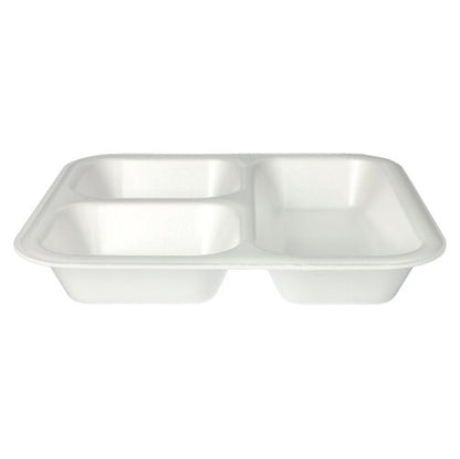 The Starpak 50 seal trays are white, laminated XPS trays (4.2 x 24.5 x 26.5 cm) with three compartments - rectangular and for single use, ideal for catering or food packaging requirements.