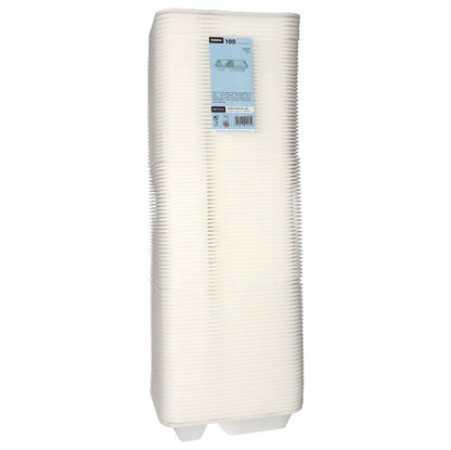 Ein Stapel von 100 Starpak-Lebensmittelschalen aus weißem, laminiertem XPS mit zwei Fächern, erhöhten Rändern, rechteckiger Form und einem blauen Etikett auf der Oberseite. Marke: Starpak.