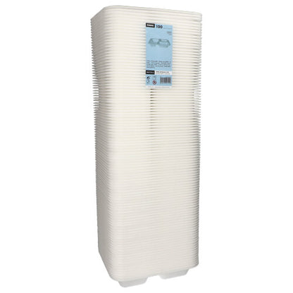 Ein Stapel von 100 Starpak Siegelschalen, XPS 3-geteilt, 925 ml ovalen, weiß laminierten Platten (4,2 x 21,2 x 25 cm), die als Lebensmittelverpackung verwendet werden und auf denen sich ein Produktetikett befindet, ist vor einem schlichten weißen Hintergrund abgebildet.
