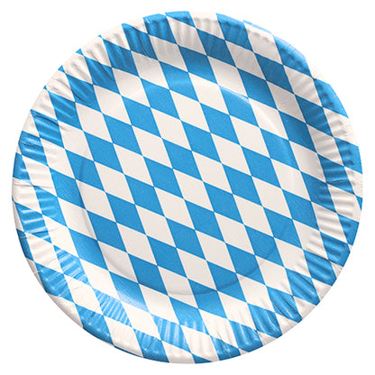 The PAPSTAR 50 plates, round cardboard Ø 23 cm from PAPSTAR GmbH stands out with its blue-white diamond design in Bavarian style and eco-friendly disposable material, making it ideal for festivals and celebrations.
