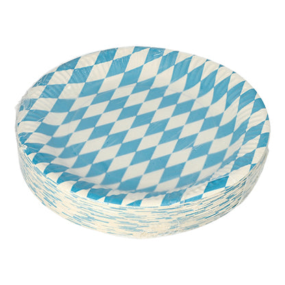 A stack of PAPSTAR 50 plates, round paper plates (Ø 23 cm) from PAPSTAR GmbH in a blue-white diamond pattern is seen in transparent plastic packaging against a white background.