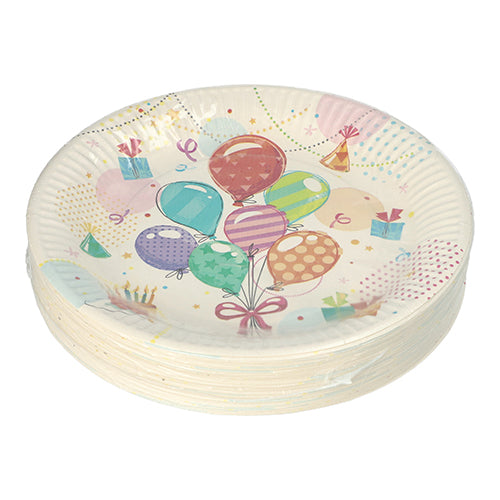 The PAPSTAR 50 plates, round cardboard Ø 23 cm from PAPSTAR GmbH with colorful balloon, party hat, and gift motifs - perfect as an eco-friendly disposable plate for birthdays or celebrations.