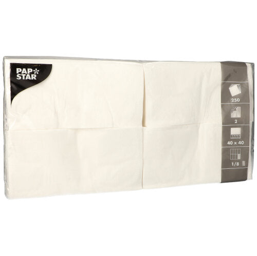 A pack of 250 PAPSTAR GmbH napkins 1/8 fold, white, 2-ply, 40x40 cm, in cling film with product information and pictograms attached on the side.