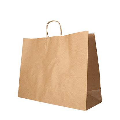 A large, eco-friendly brown paper bag PAPSTAR 25 carrier bags with twisted handles from PAPSTAR GmbH stands upright against a white background.