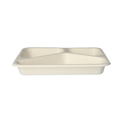 The PAPSTAR 125 seal bowls from PAPSTAR GmbH are beige, rectangular, 3-compartment sugarcane serving bowls with separate compartments; They are biodegradable and depicted sideways against a white background.
