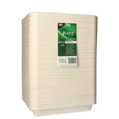 Shown is a stack of 125 PAPSTAR 3-compartment sugarcane seal bowls from the brand PAPSTAR GmbH, neatly stacked with a green label on a white background. The bowls are beige and biodegradable.