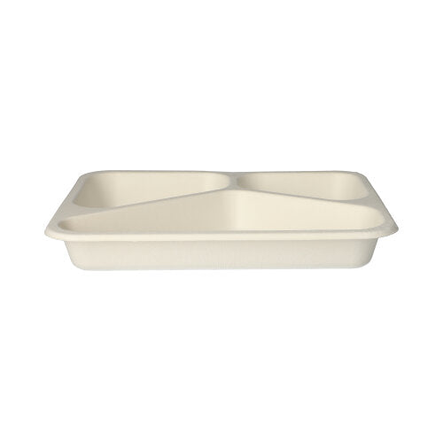 The PAPSTAR 125 seal bowls, sugarcane 3-compartment from PAPSTAR GmbH are beige, rectangular trays with three compartments made of biodegradable sugarcane – an eco-friendly choice for sustainable food serving.