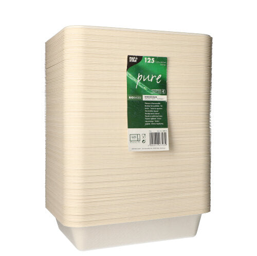 A set of 125 PAPSTAR sealable trays made of sugarcane by PAPSTAR GmbH. Biodegradable and eco-friendly packaging, ideal for sustainable choices. With a green-white “pure” label for environmentally conscious users.