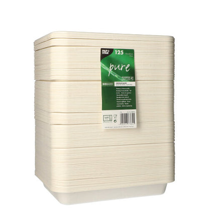 A stack of rectangular, beige PAPSTAR 125 sealable trays made of sugarcane by PAPSTAR GmbH with a green-white front label featuring product information and the indication of 125 biodegradable trays.