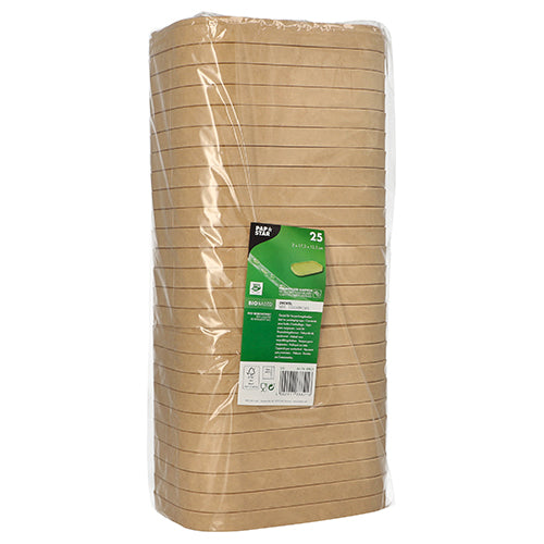 A stack of brown PAPSTAR lids for packaging cups, rectangular (2x17.3x12.3 cm, 25 pieces), wrapped in clear foil, with a green-white label from PAPSTAR GmbH with product information on the front.