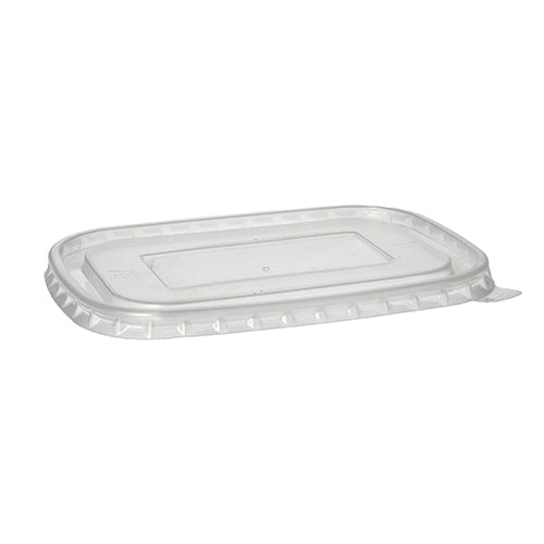 The Starpak 25 lid for packaging cups made of PP, rectangular (1 cm x 17.3 cm x 12.3 cm) in transparent foil is shown against a white background. The lid has a clear color, a slightly raised edge, and a flat center.